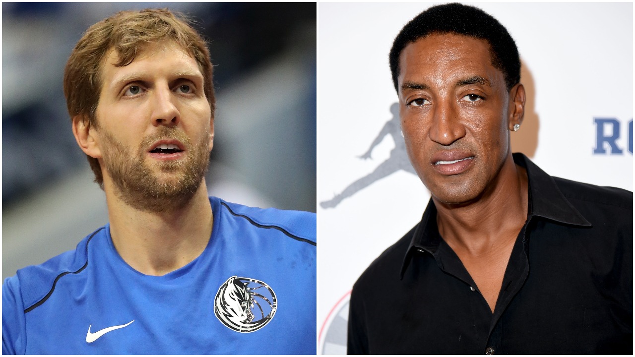 An image of Dirk Nowitzki in his blue warmups next to an image of Scottie Pippen in a black button-up shirt