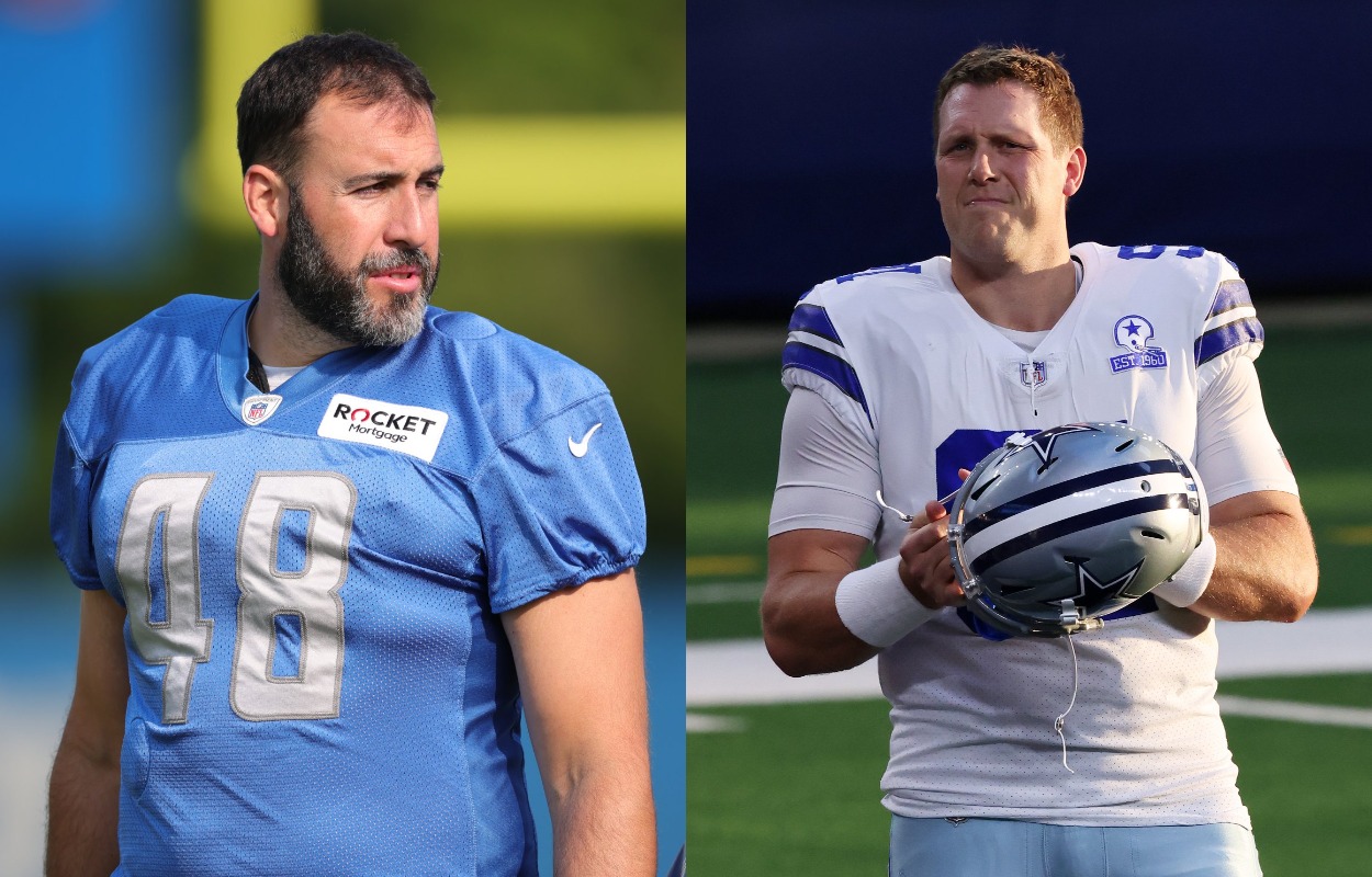 Detroit Lions long snapper Don Muhlbach in 2021 and Dallas Cowboys long snapper L.P. LaDouceur in 2020.