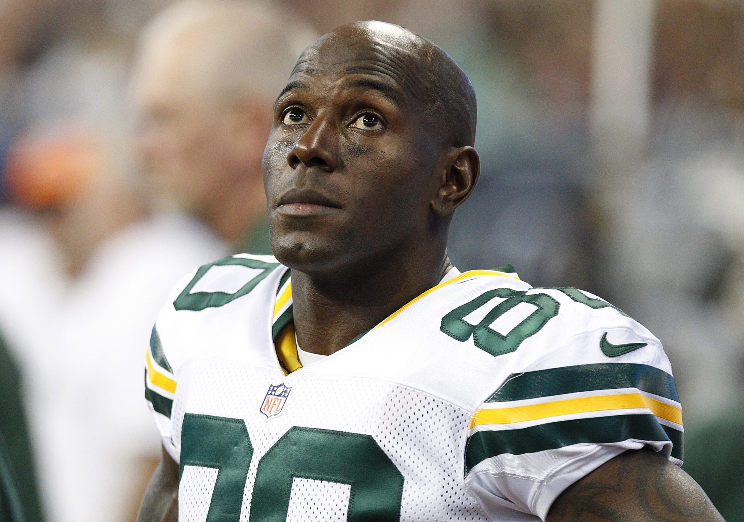 Donald Driver of the Green Bay Packers on the sidelines against the Houston Texans on October 14, 2012.
