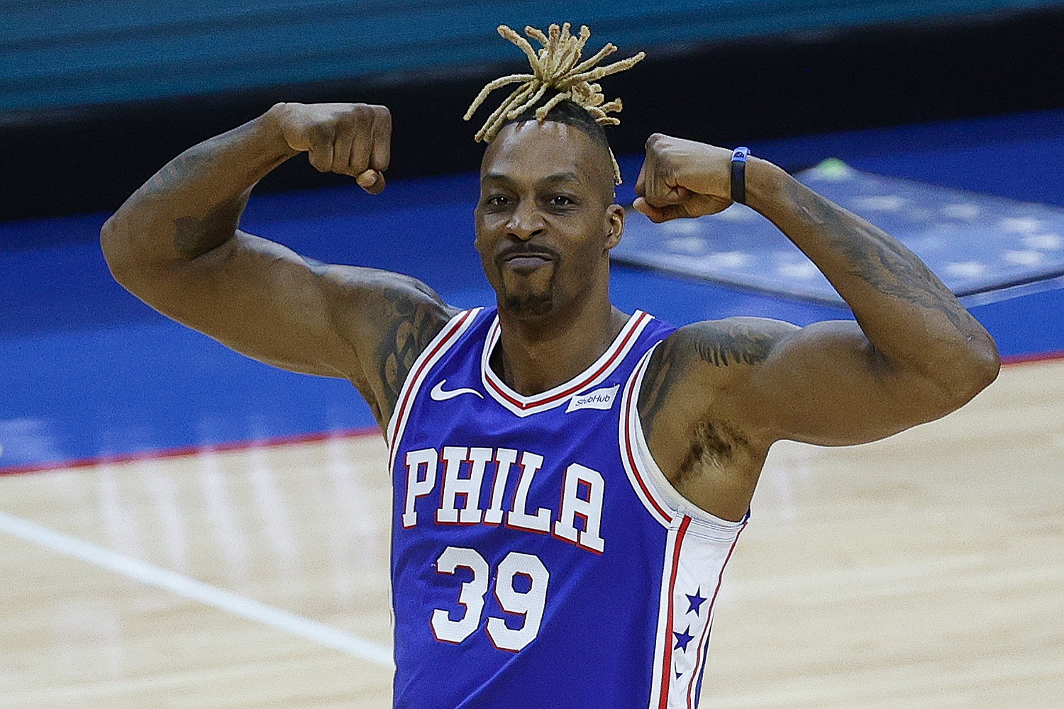 Dwight Howard celebrates during the fourth quarter against the Atlanta Hawks during Game 2 of the Philadelphia 76ers' playoff series.