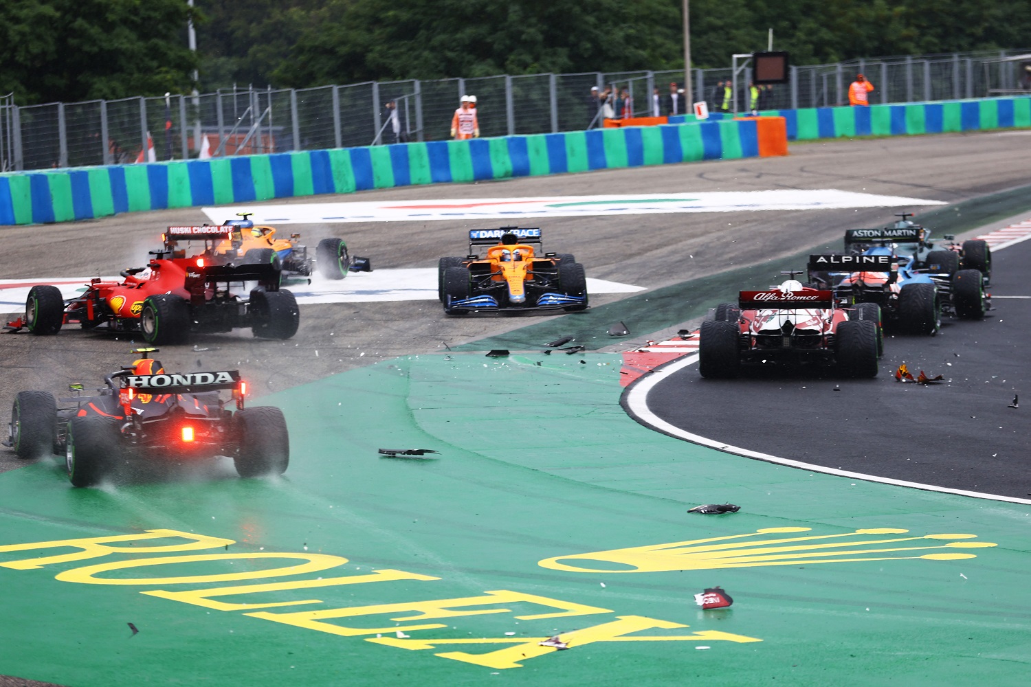 A view of the crash at the start during the F1 Grand Prix of Hungary at Hungaroring on August 1, 2021. | Bryn Lennon/Getty Images