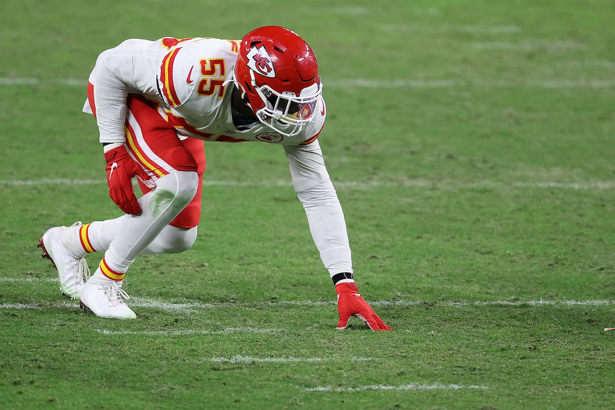 Defensive end Frank Clark of the Kansas City Chiefs, the highest-paid defensive player in the NFL in 2021, during the NFL game against the Las Vegas Raiders at Allegiant Stadium on November 22, 2020 in Las Vegas, Nevada. The Chiefs defeated the Raiders 35-31.