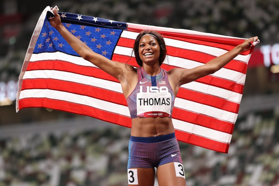 Bronze medal winner Gabby Thomas celebrates after the Women's 200m Final on day eleven of the Tokyo 2020 Olympic Games at Olympic Stadium on August 03, 2021 in Tokyo, Japan.