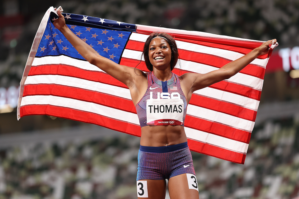 Bronze medal winner Gabby Thomas celebrates after the Women's 200m Final on day eleven of the Tokyo 2020 Olympic Games at Olympic Stadium on August 03, 2021 in Tokyo, Japan.