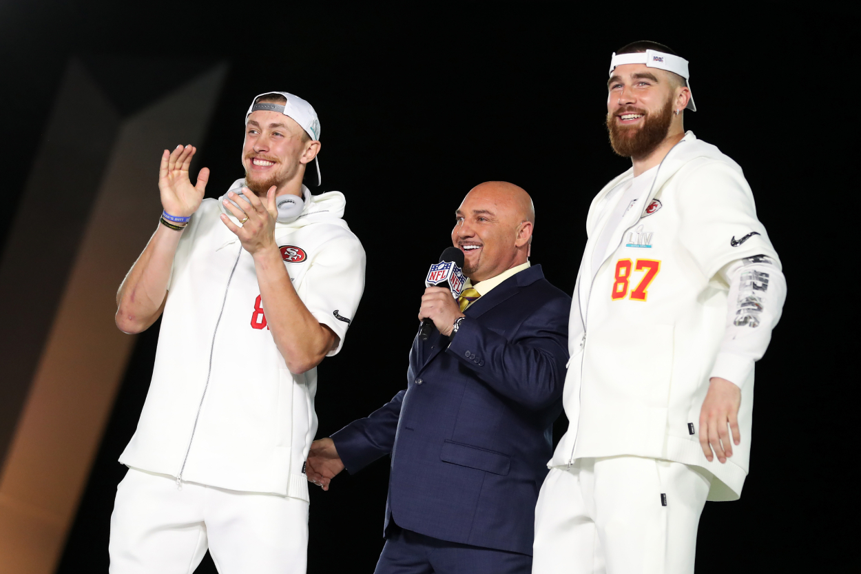 49ers tight end George Kittle and Chiefs tight end Travis Kelce before Super Bowl 54.