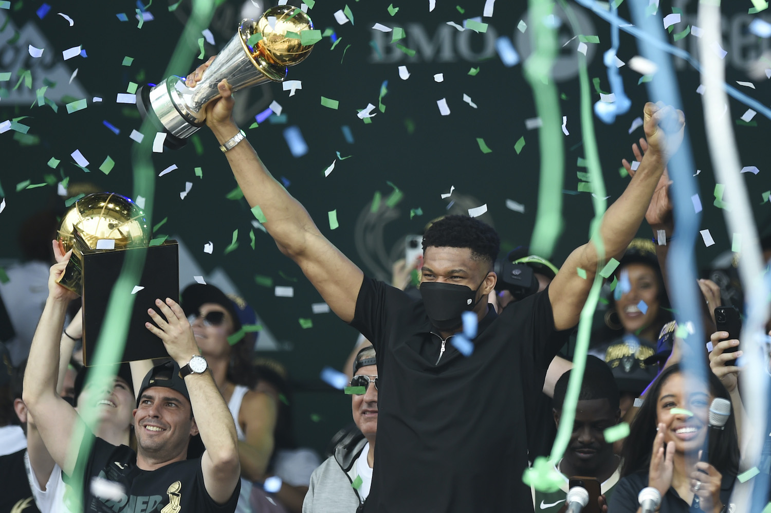 Milwaukee Bucks star Giannis Antetokounmpo celebrates during the Milwaukee Bucks championship rally.