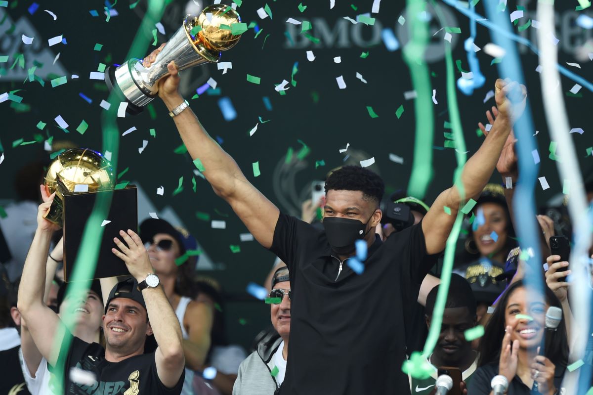 Giannis Antetokounmpo celebrates during the Milwaukee Bucks 2021 NBA Championship Victory Parade