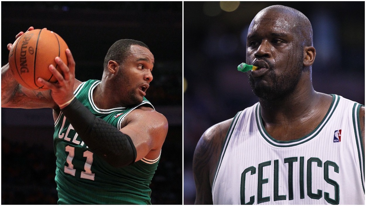 Glen Davis (L) and Shaquille O'Neal (R) as members of the Boston Celtics.