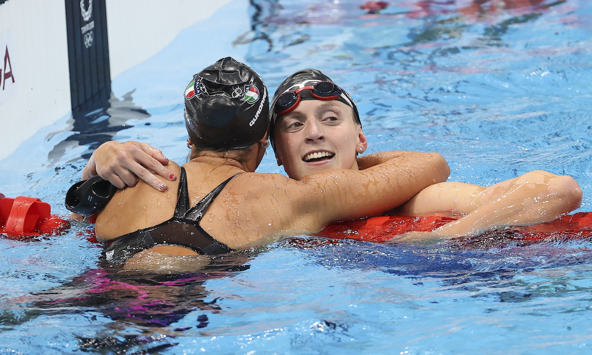 Gold Medalist Kathy Ledecky of USA congratulates Bronze Medalist Simona Quadarella of Italy after the Women's 800m Freestyle Final