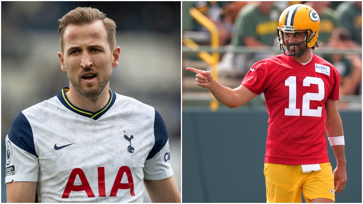 Harry Kane (L) and Aaron Rodgers (R) both faced contract issues during summer 2021.