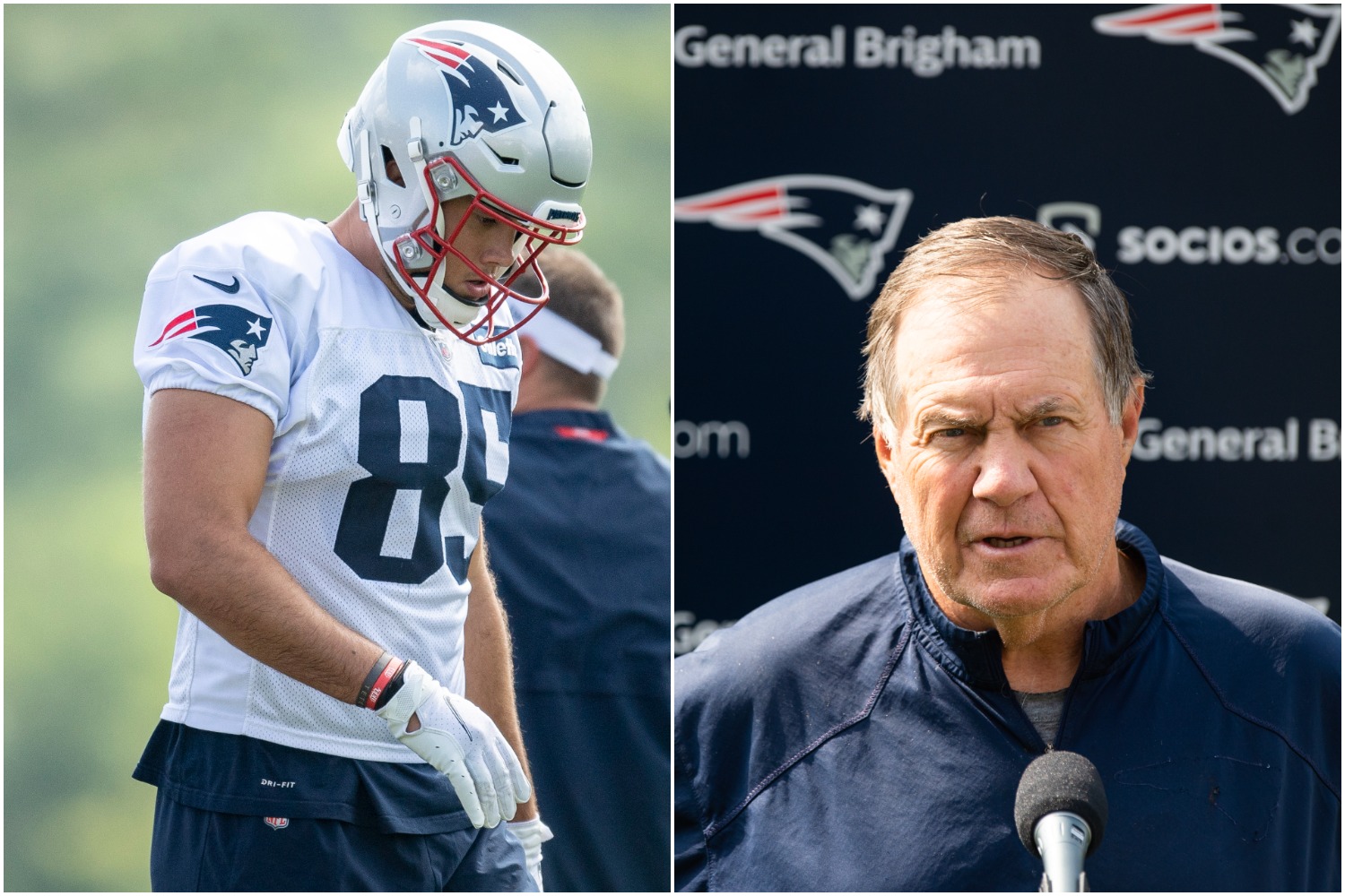 New England Patriots tight end Hunter Henry walks on the field during training camp as Bill Belichick addresses the media at the mic.