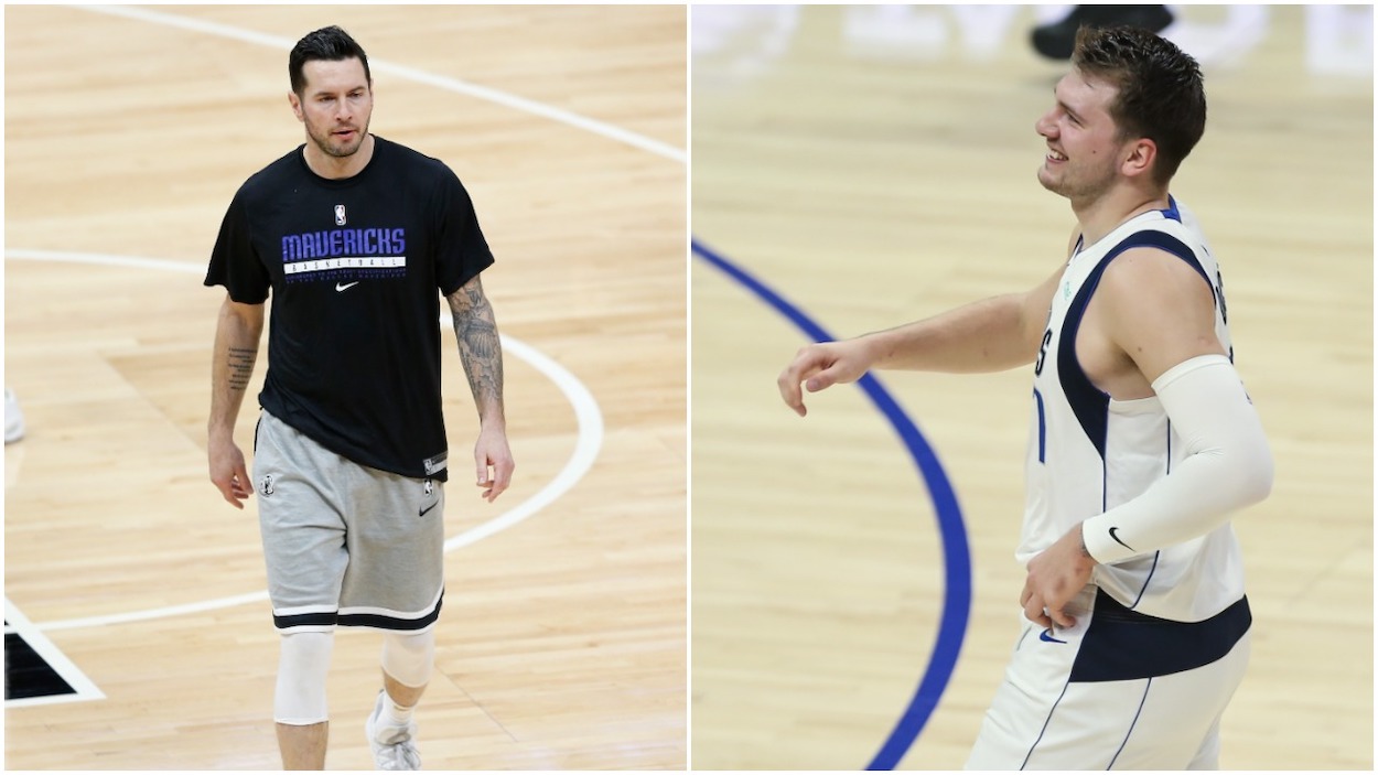 (L-R) JJ Redick of the Dallas Mavericks warms up before the gamer against the Sacramento Kings at Golden 1 Center on April 26, 2021 in Sacramento, California; Dallas Mavericks guard Luka Doncic smiles after an airball during game 7 of the first round of the NBA Western Conference Playoffs between the Dallas Mavericks and the Los Angeles Clippers on June 06, 2021.