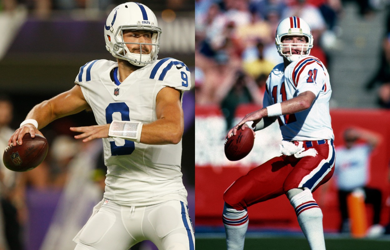 Indianapolis Colts quarterback Jacob Eason (L) and New England Patriots quarterback Tony Eason.