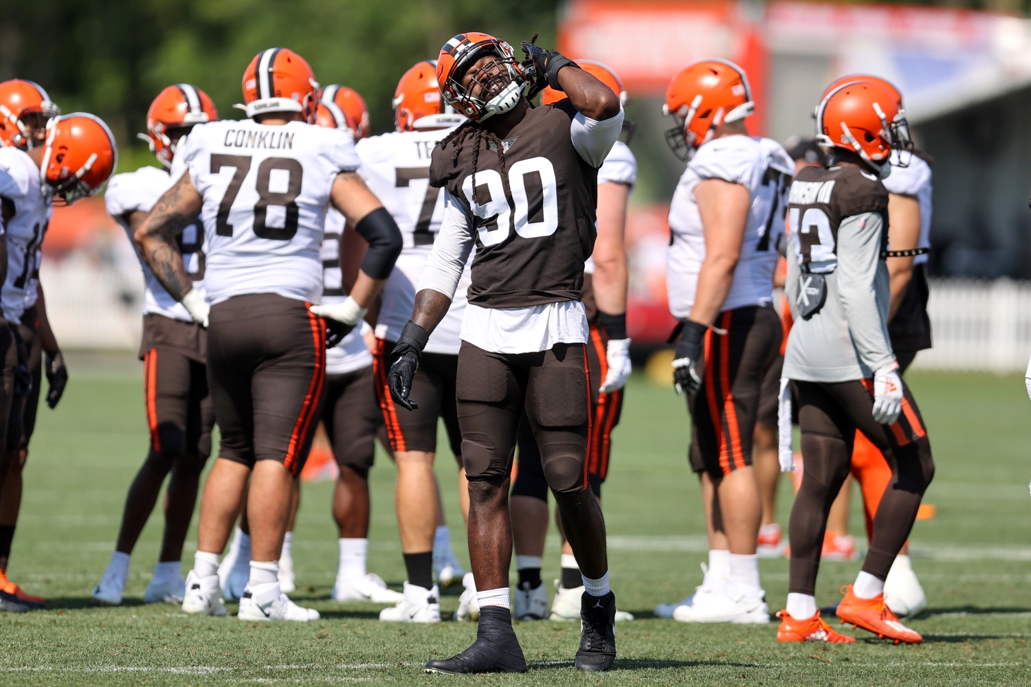Cleveland Browns defensive end Jadeveon Clowney looks on during practice.