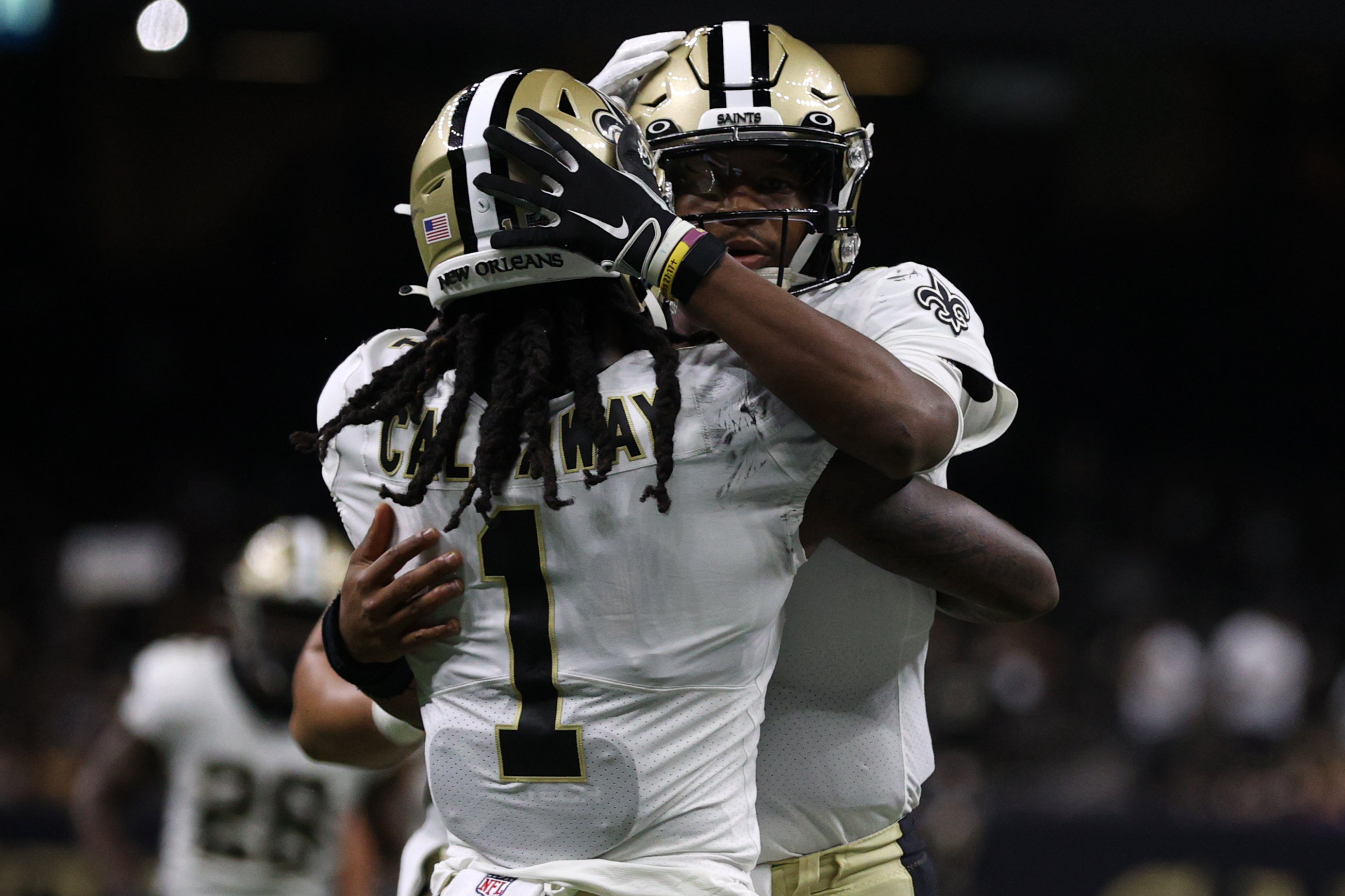 Jameis Winston and Marquez Callaway celebrate a Saints touchdown in NFL Preseason Week 2