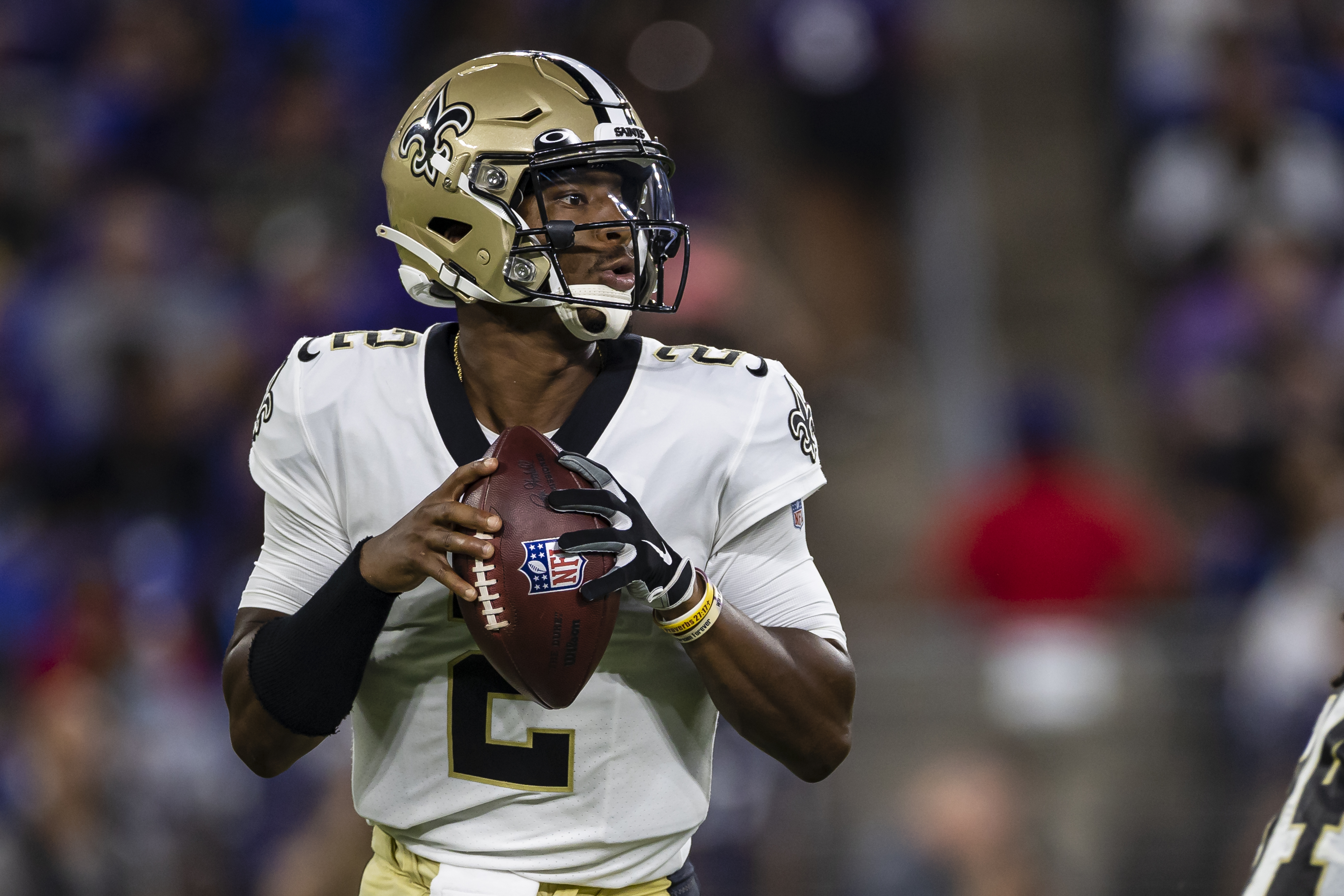 New Orleans Saints quarterback Jameis Winston drops back during preseason game