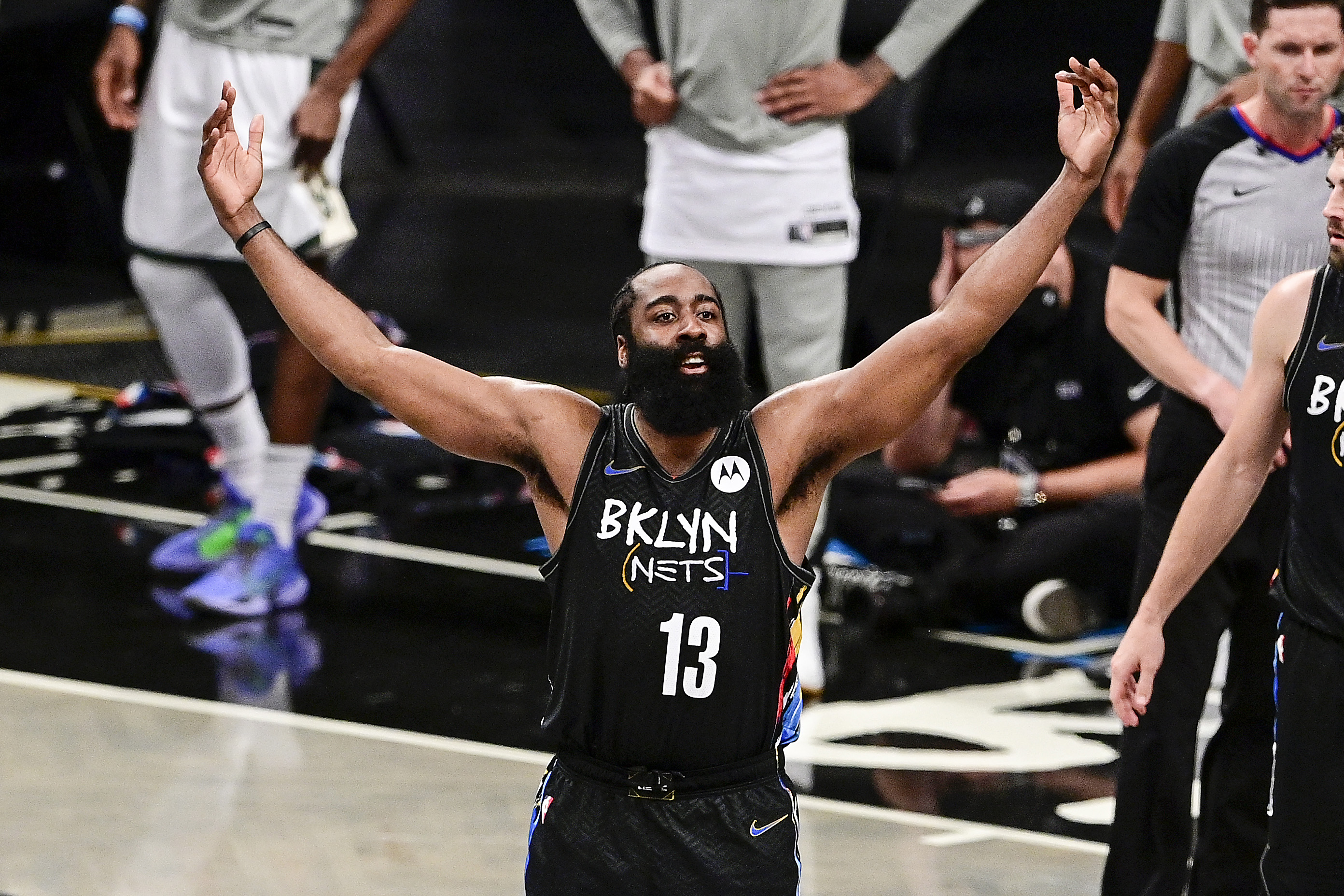Nets star James Harden celebrates during the Eastern Conference semifinals
