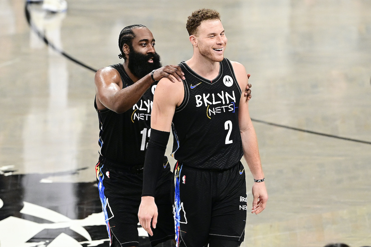 James Harden and Blake Griffin of the Brooklyn Nets celebrate a win