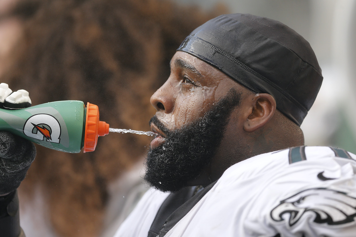 New Chicago Bears signing Jason Peters cools off against the Miami Dolphins during the fourth quarter at Hard Rock Stadium on December 01, 2019 in Miami, Florida.