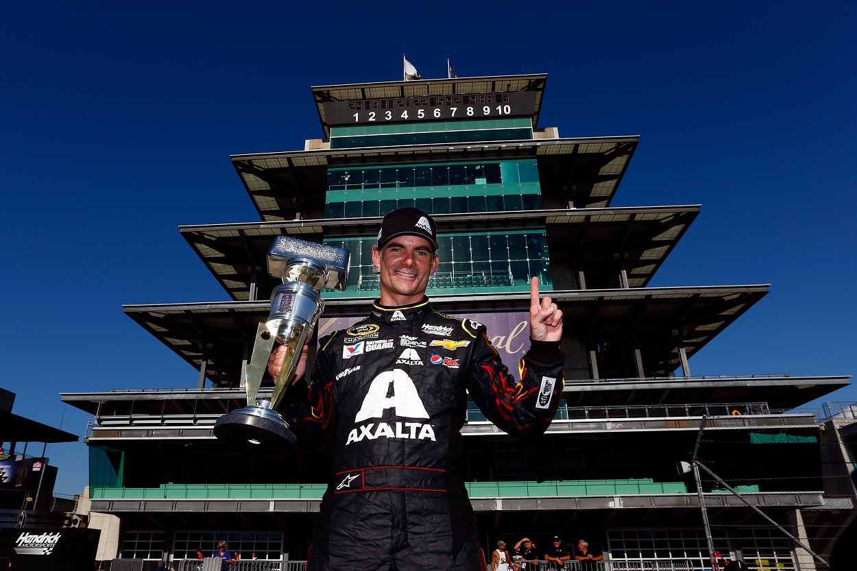 Jeff Gordon following his victory at the 2014 NASCAR Cup Series Crown Royal Presents The John Wayne Walding 400 at the Brickyard at Indianapolis Motor Speedway
