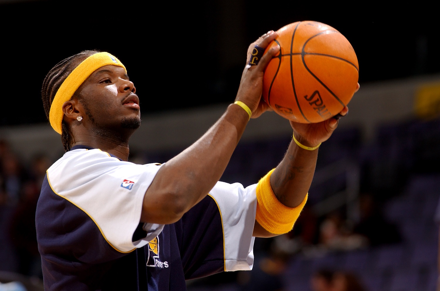 Jermaine O'Neal of the Indiana Pacers warms up before the game against the Washington Wizards on Jan. 4, 2003, at the MCI Center in Washington, D.C.