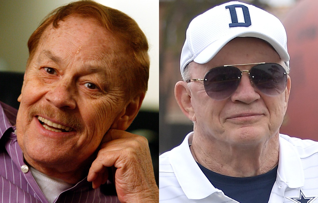 Los Angeles Lakers owner Jerry Buss (L) in 2008 and Dallas Cowboys owner Jerry Jones in 2021.