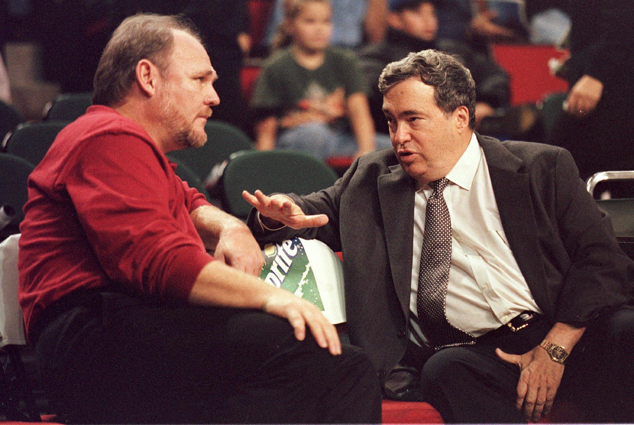 Former Chicago Bulls GM Jerry Krause talking to George Karl. Krause had well-documented feuds with Michael Jordan and other members of the Bulls.