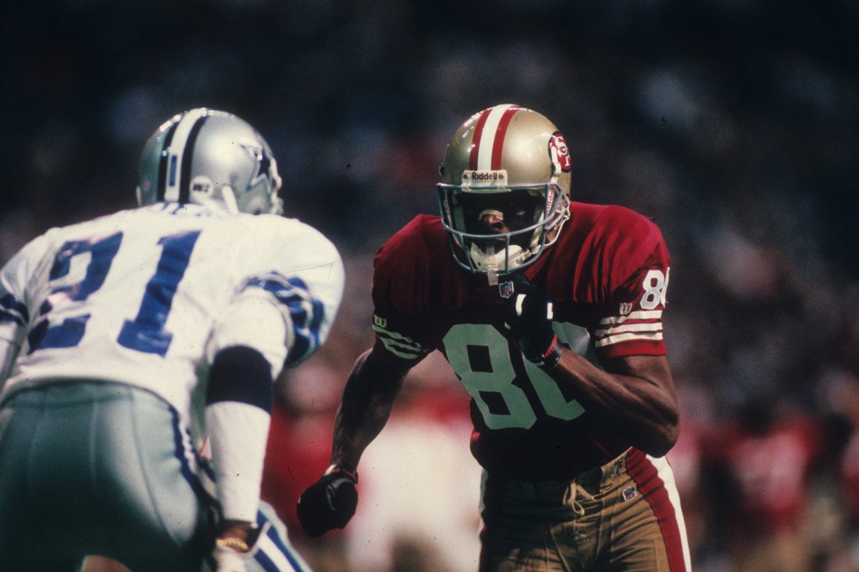 San Francisco 49ers wide receiver Jerry Rice playing against the Dallas Cowboys in 1995.