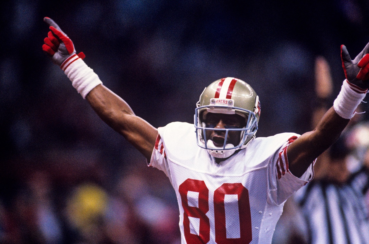 NFL legend Jerry Rice celebrates a touchdown during the San Francisco 49ers' Super Bowl 24 win over the Denver Broncos