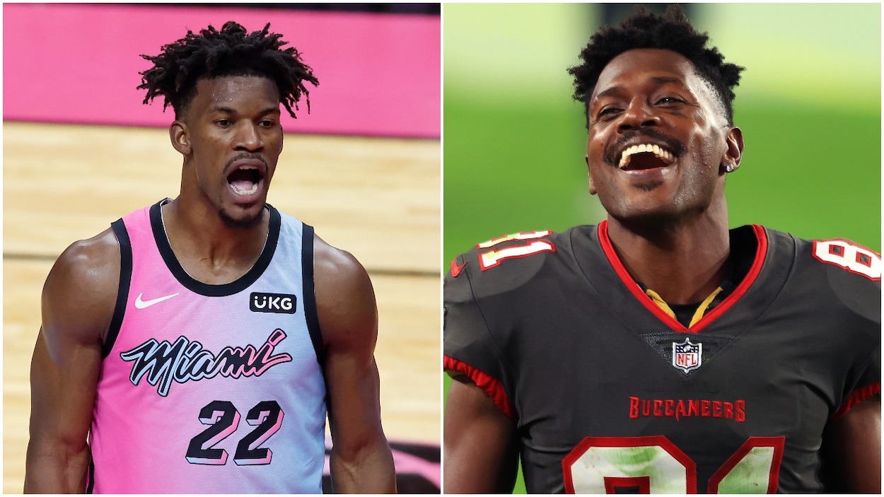 (L-R) Jimmy Butler of the Miami Heat reacts against the Toronto Raptors during the third quarter at American Airlines Arena on February 24, 2021 in Miami, Florida; Antonio Brown of the Tampa Bay Buccaneers reacts as he heads off the field following a game against the Los Angeles Rams at Raymond James Stadium on November 23, 2020 in Tampa, Florida.