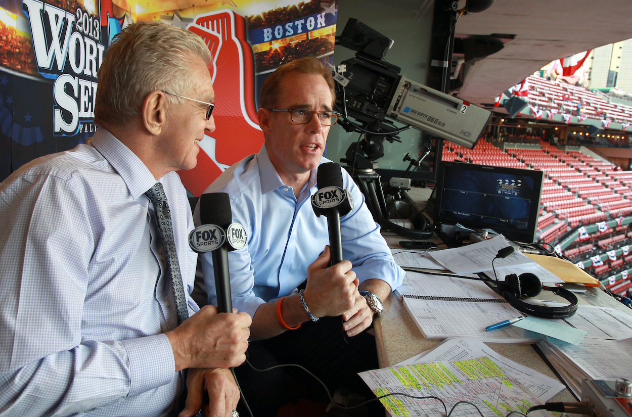 Broadcaster Tim McCarver, left, and Joe Buck in the broadcast booth before the game. The St. Louis Cardinals host the Boston Red Sox at Busch Stadium for Game Five of the 2013 Major League Baseball World Series, Oct. 28, 2013.