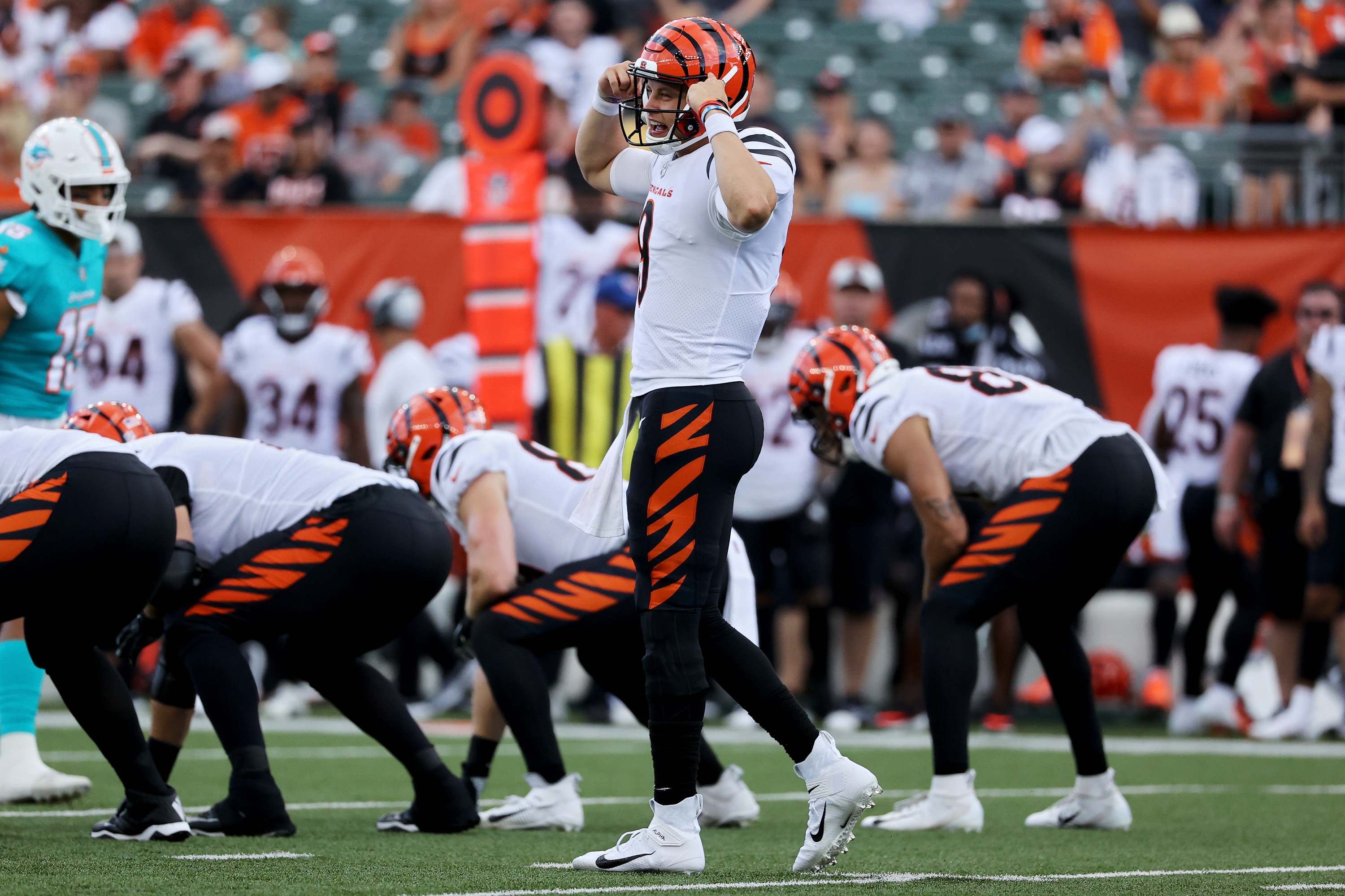 Bengals quarterback Joe Burrow barks orders during a preseason game against the Miami Dolphins
