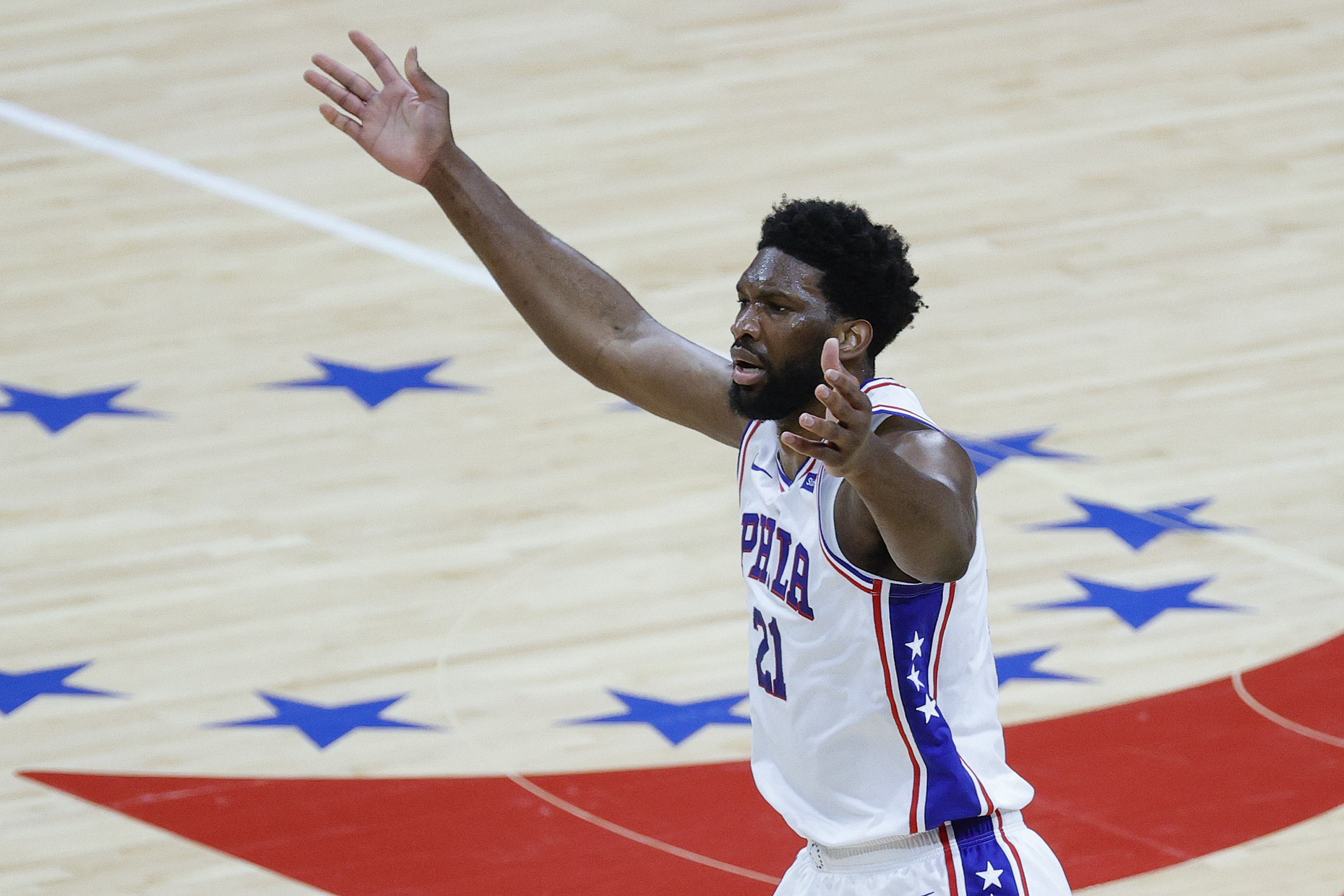 Philadelphia 76ers star Joel Embiid reacts during Game 7 of the Eastern Conference semifinals