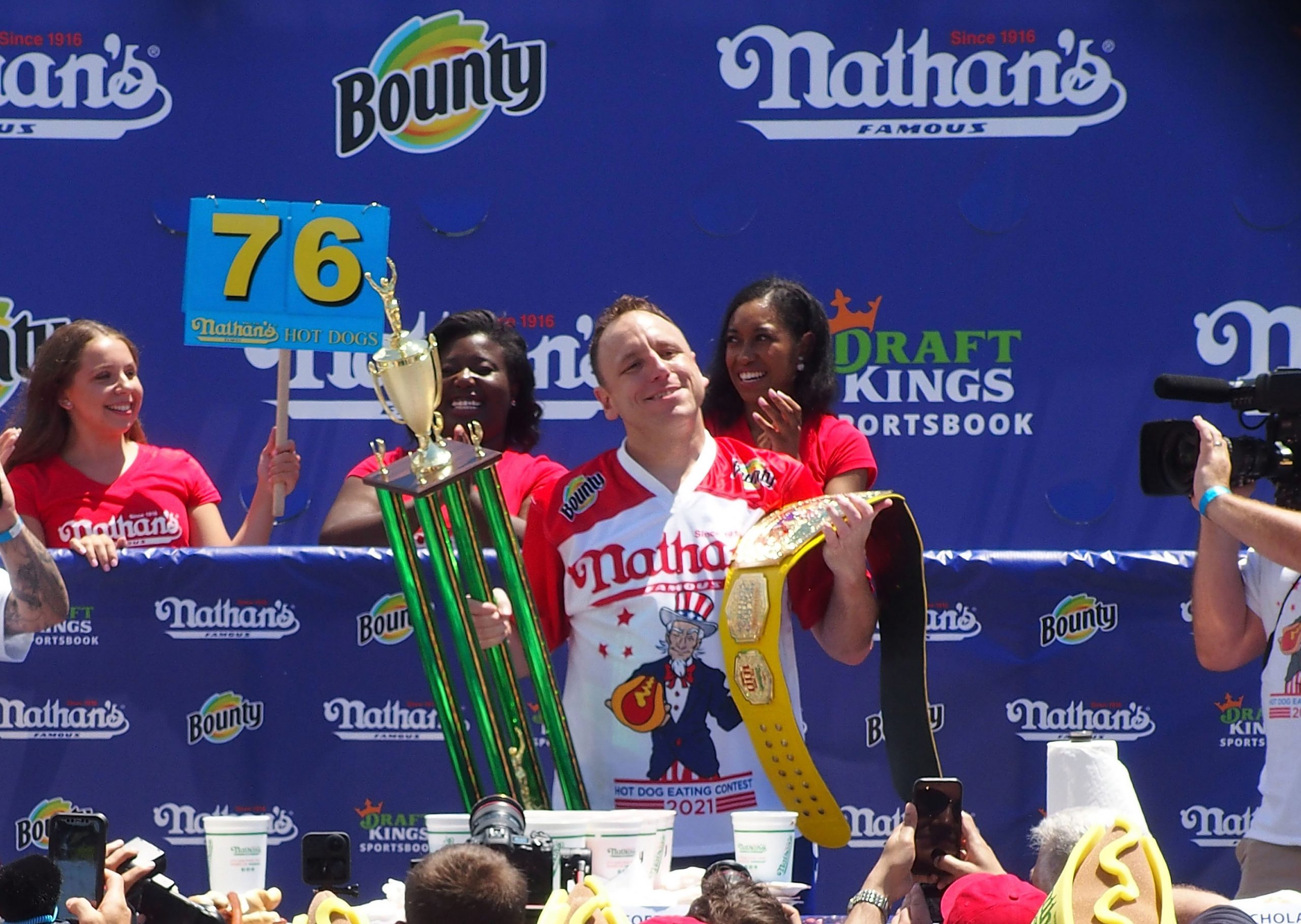 Joey Chestnut wins after consuming 76 hot dogs on July 4, 2021.