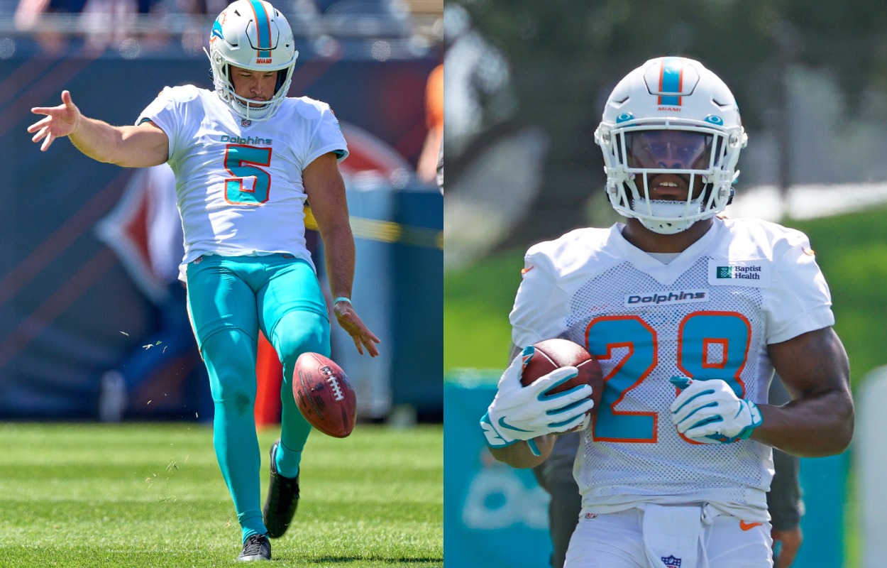Miami Dolphins punter Michael Palardy (L) and running back Jordan Scarlett in 2021.