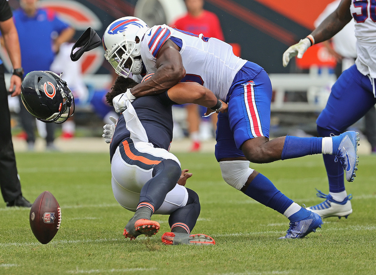 Justin Fields being sacked during a Chicago Bears preseason game against the Buffalo Bills.