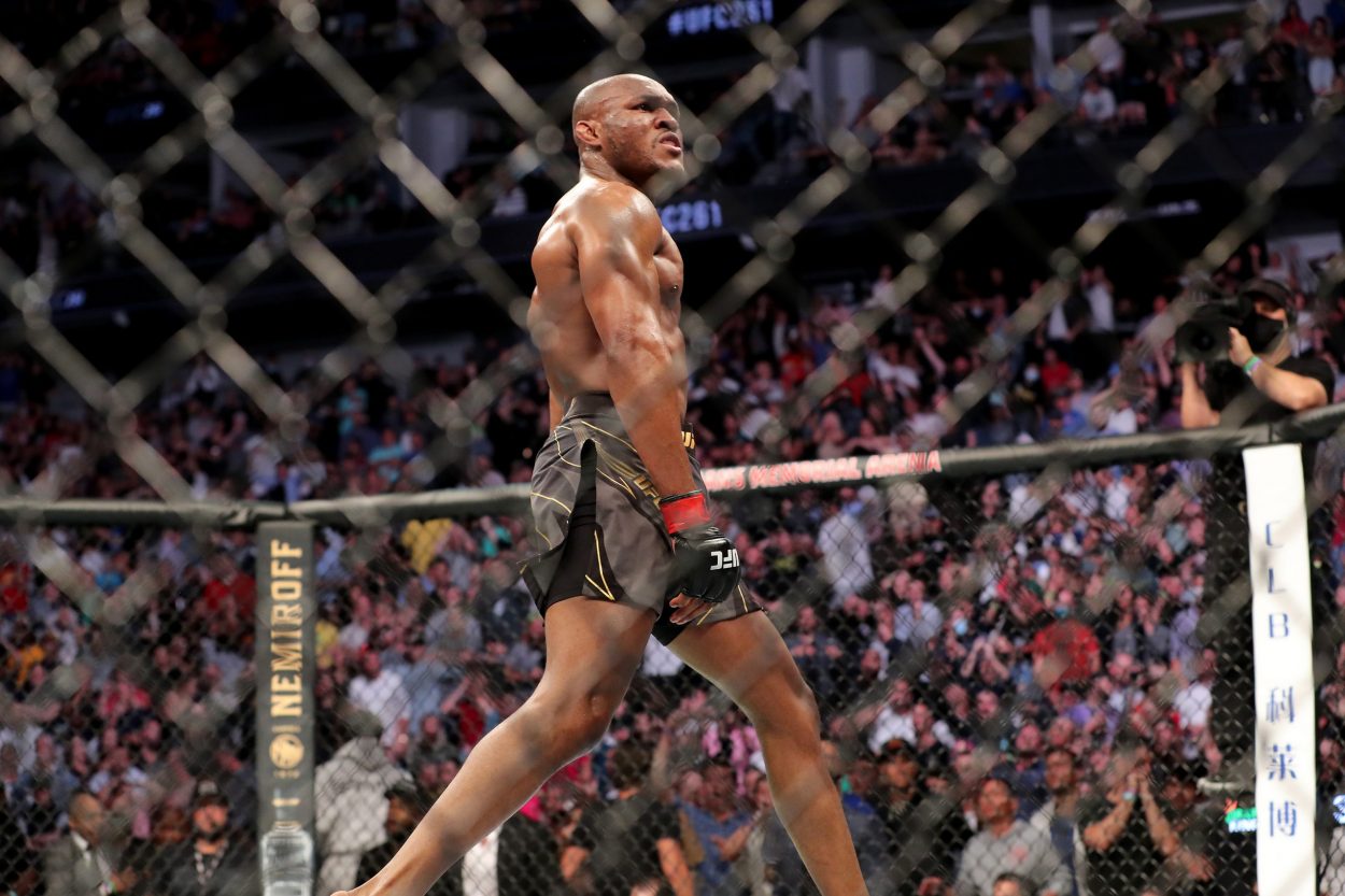 Kamaru Usman celebrates after defeating Jorge Masvidal at UFC 261