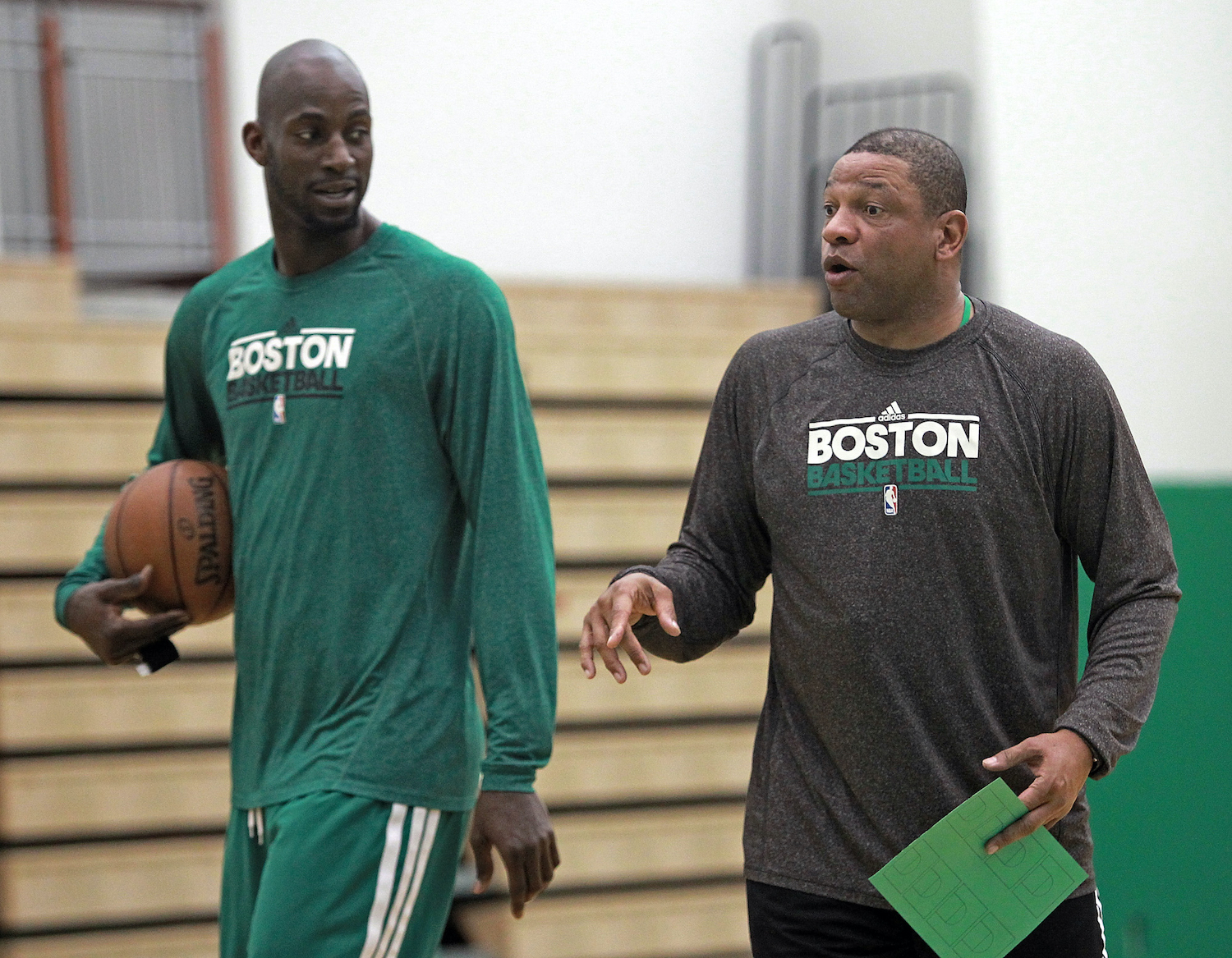 Boston Celtics forward Kevin Garnett and head coach Doc Rivers during a practice.
