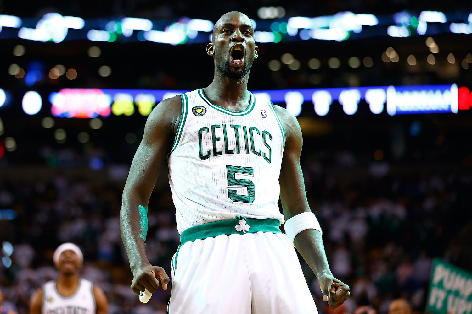 Kevin Garnett reacts during a Boston Celtic playoff game.