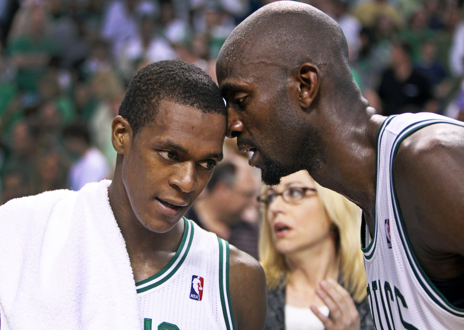 Kevin Garnett (R) whispers to Rajon Rondo (L) during their time with the Boston Celtics.