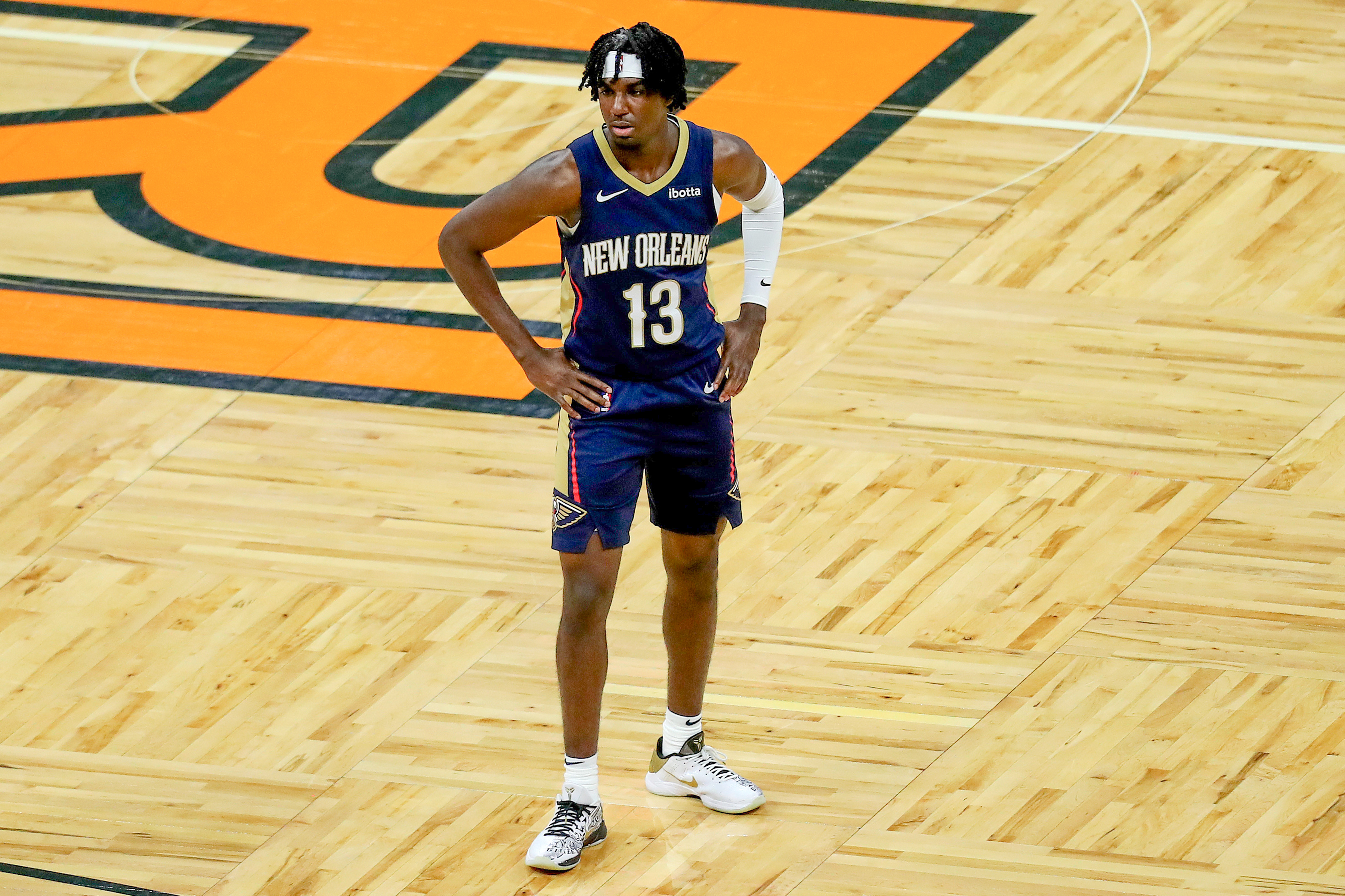 New Orleans Pelicans point guard Kira Lewis Jr. looks on during a game in April