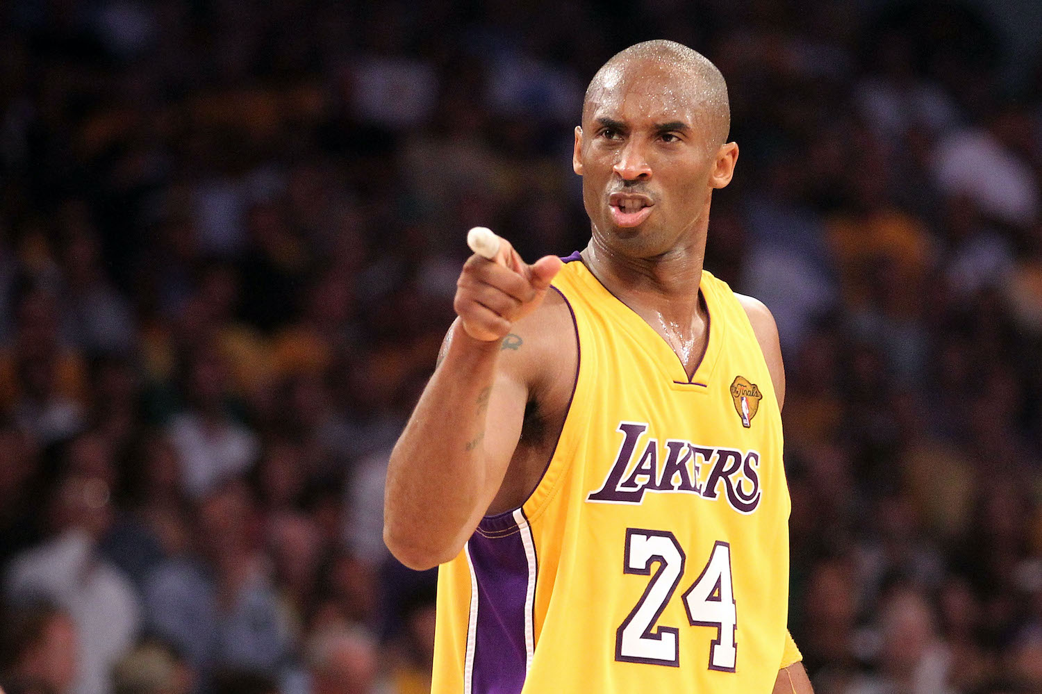Kobe Bryant points during Game 7 of the 2010 NBA Finals.