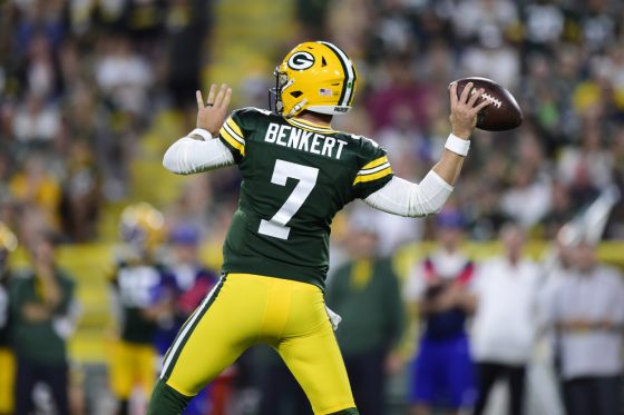 Kurt Benkert of the Green Bay Packers throws a pass against the Houston Texans.