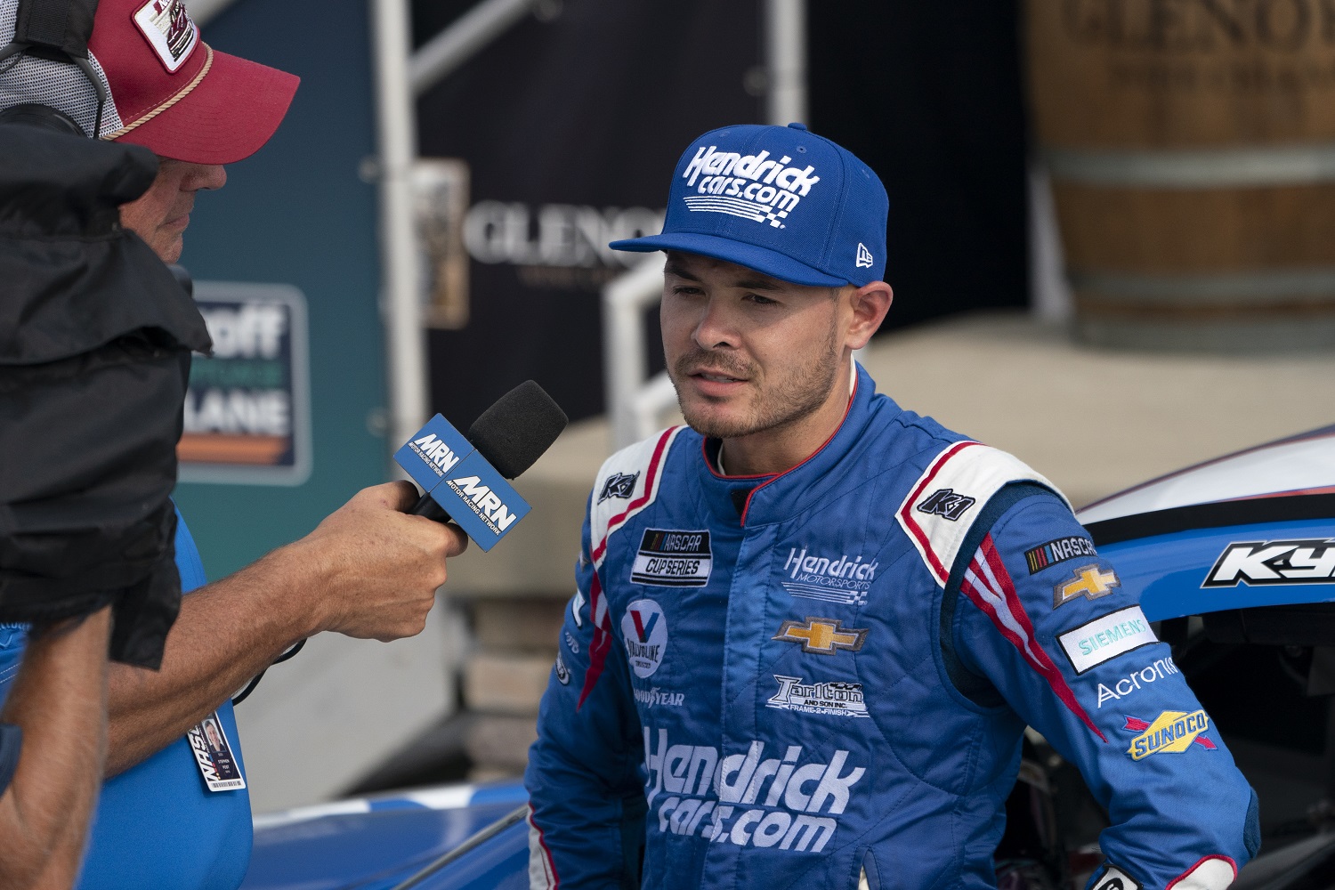 Kyle Larson gives an interview in victory lane after winning the NASCAR Cup Series Go Bowling at The Glen race on Aug. 8, 2021. | Gregory Fisher/Icon Sportswire via Getty Images
