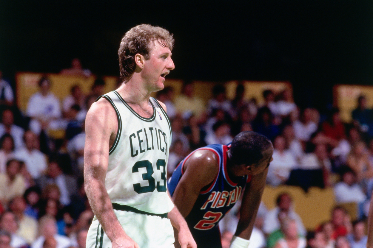Larry Bird of the Boston Celtics playing against the Washington Bullets during a regular season game circa 1987.