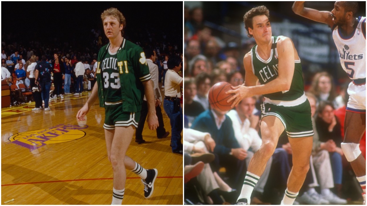 (L-R) Boston Celtics Larry Bird after 1985 NBA Finals between Los Angeles Lakers and Boston Celtics, June 2, 1985 in Inglewood, California; Jim Paxson of the Boston Celtics looks to pass the balll during a NBA basketball game against the Washington Bullets at the Capital Centre on November 8, 1989 in Landover, Maryland.