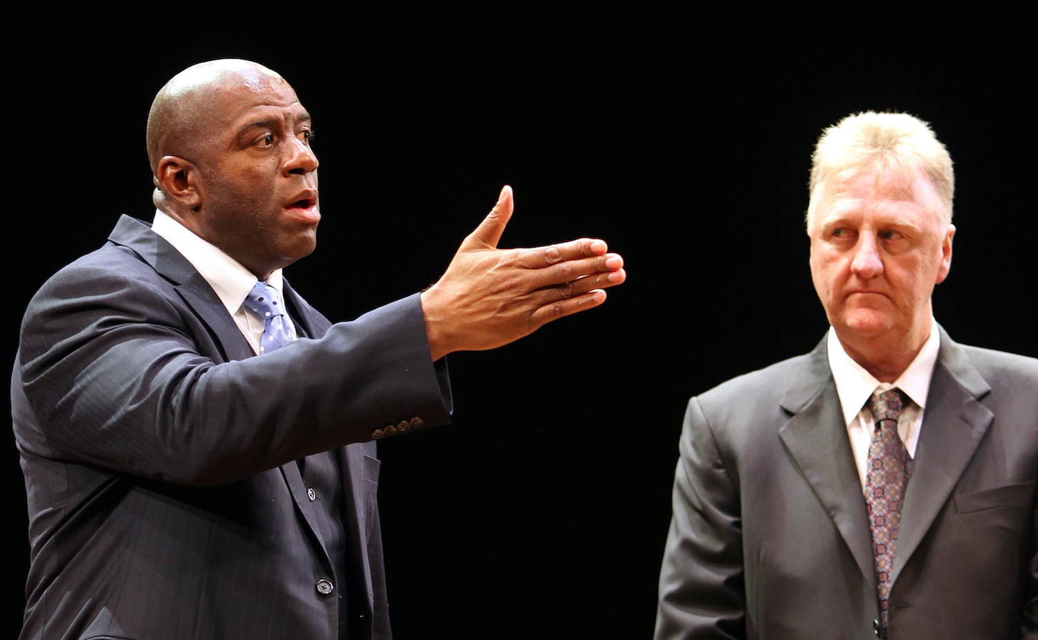 Magic Johnson and Larry Bird on opening night of the Broadway show about their famous rivalry.