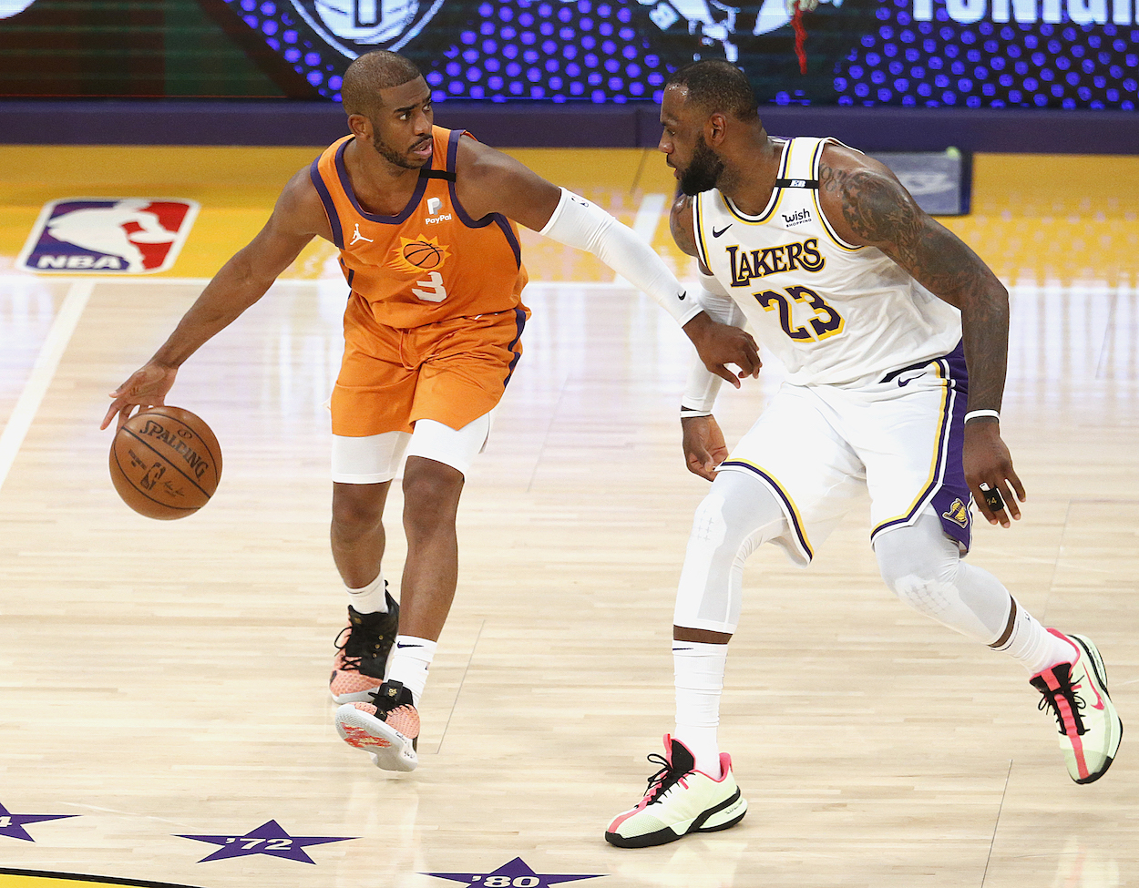 LeBron James guarding Chris Paul.