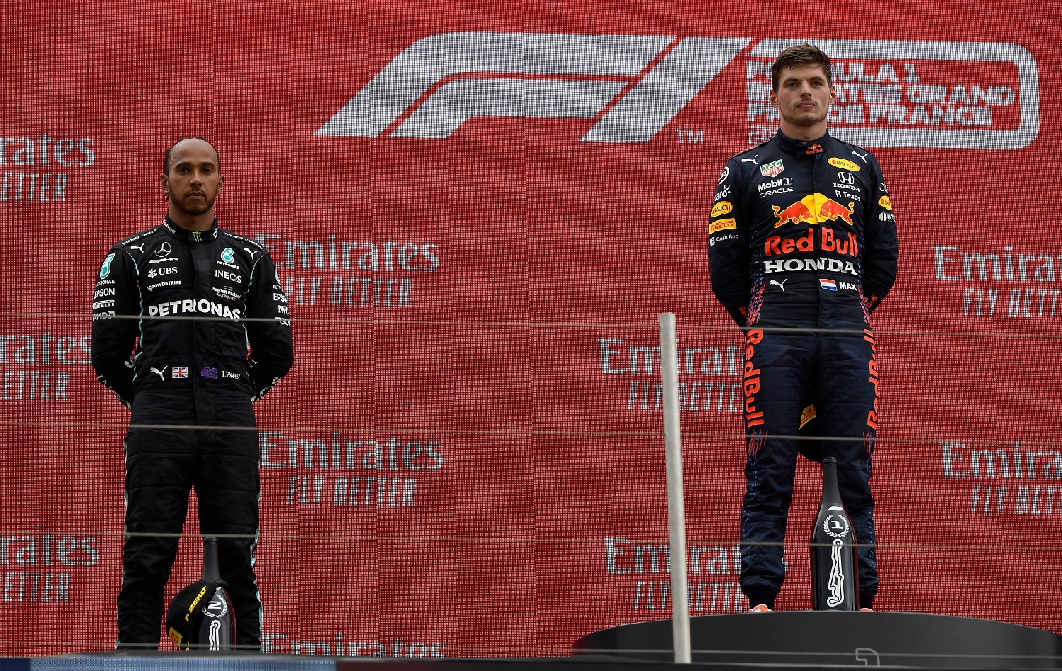 Race winner Max Verstappen, right, and runner-up Lewis Hamilton stand on the podium following the Formula 1 Grand Prix of France at Circuit Paul Ricard on June 20, 2021.