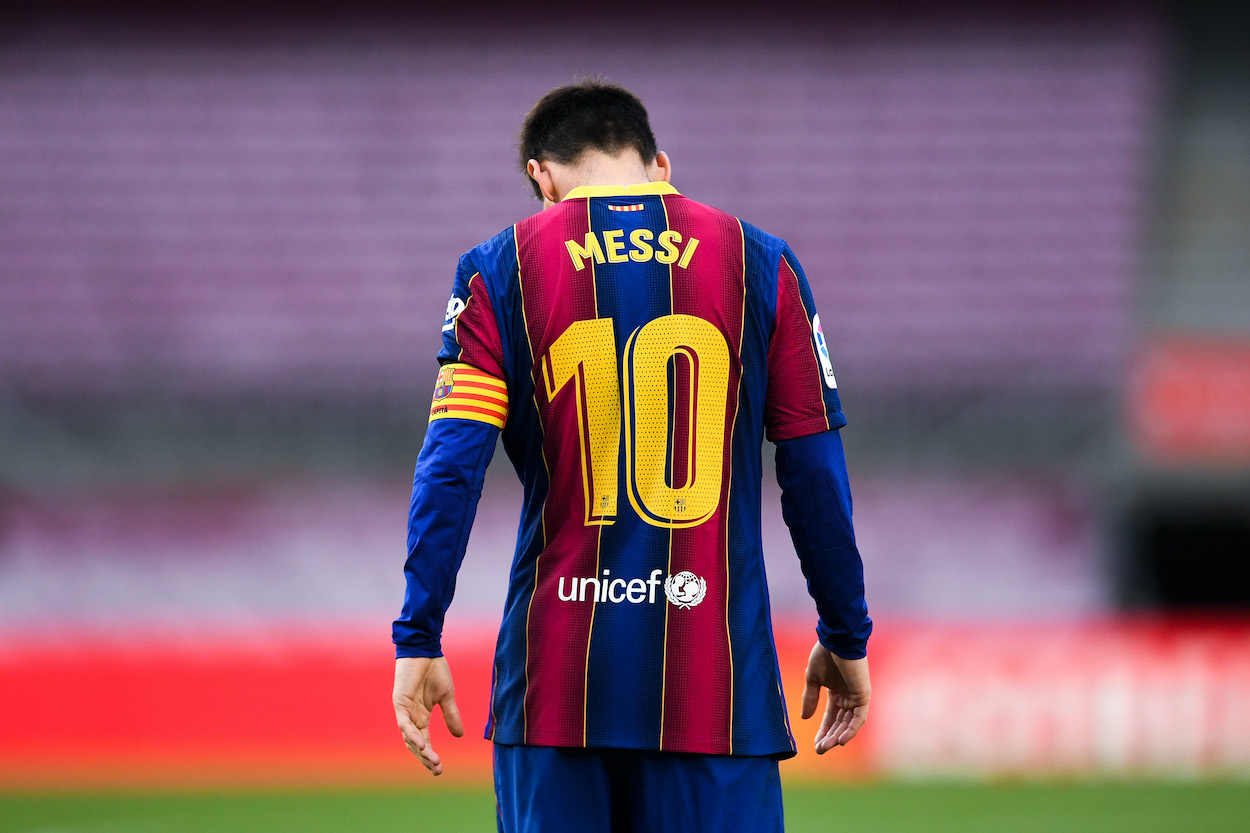 Lionel Messi of FC Barcelona shows his dejection during the La Liga Santander match between FC Barcelona and RC Celta at Camp Nou on May 16, 2021 in Barcelona, Spain.